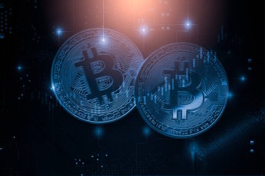 Modern bir takas yöntemi. Bitcoin küresel ekonomi piyasasında uygun bir ödemedir. Sanal dijital para birimi ve finansal yatırım ticaret kavramı. Altın bitcoin arka planına sahip soyut kripto para birimi.