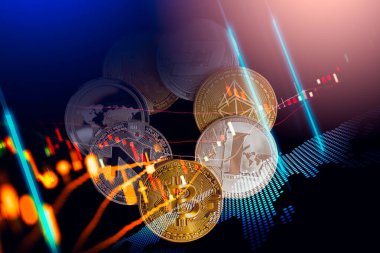 Modern bir takas yöntemi. Bitcoin küresel ekonomi piyasasında uygun bir ödemedir. Sanal dijital para birimi ve finansal yatırım ticaret kavramı. Altın bitcoin arka planına sahip soyut kripto para birimi.