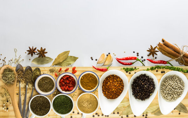 spices and herb on the white background,selective focus