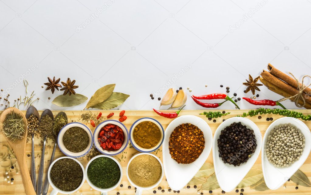 spices and herb on the white background,selective focus