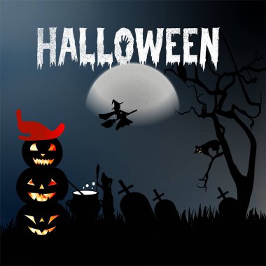 Cadılar Bayramı 'nda cadı, perili ev, balkabağı ve yarasalı turuncu pankart. 