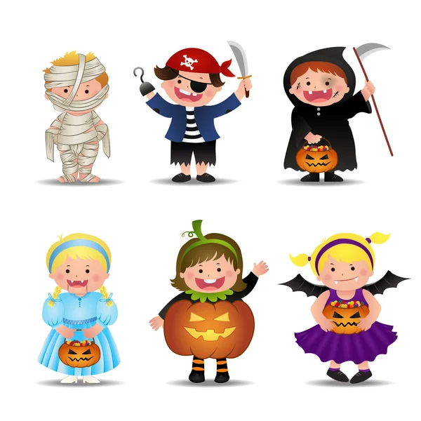 Dessin animé mignon Halloween enfants en tour ou traiter des costumes — Image vectorielle