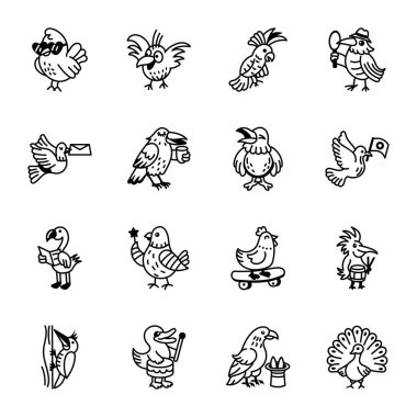 Set of Birds and Nature Doodle Style Icons 