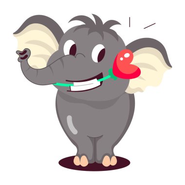 Ağızda kalp çiçeği tutan vale fil, düz çıkartma. 