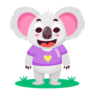 Komik stil etiketli mutlu koala tişörtü giyiyor. 