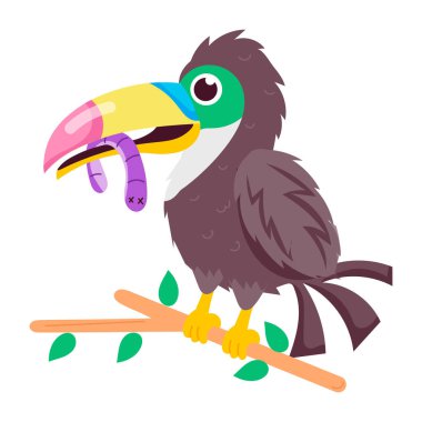 Bir ağaç dalında oturan Tukan kuşu, düz bir etiket. 