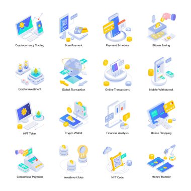 Dijital Bankacılık ve Finans Paketi Isometric Simgeleri 