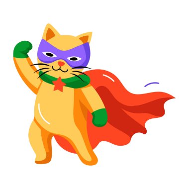 Süper kahraman kostümü giymiş bir kediyi gösteren yassı bir simge