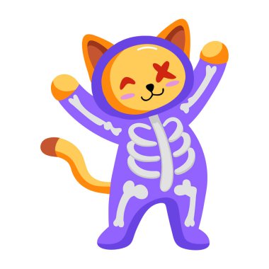 İskelet kostümü giymiş bir kediyi gösteren düz bir simge