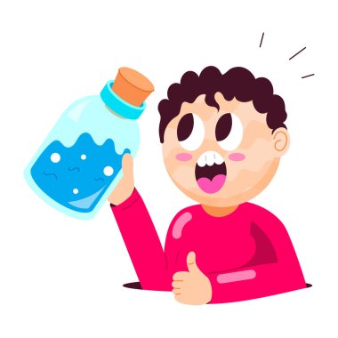 Elinde cam şişe tutan bir karakter, komik stili çıkartma.