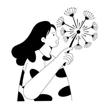 Karahindiba üfleyen bir karakteri gösteren bir el çizimi.