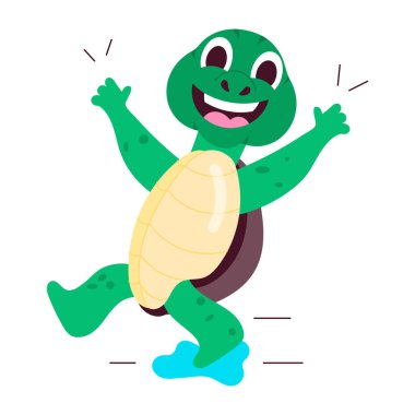 Mutlu kaplumbağa karakterinin düz stil çıkartması.