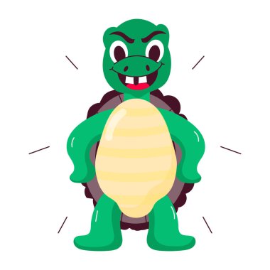 Mutlu kaplumbağa karakterinin düz stil çıkartması.