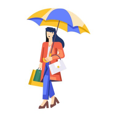 Alışveriş yapan kız el çantalarıyla yürüyor, düz çizimler yapıyor.