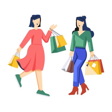 Alışveriş yapan kız el çantalarıyla yürüyor, düz çizimler yapıyor.