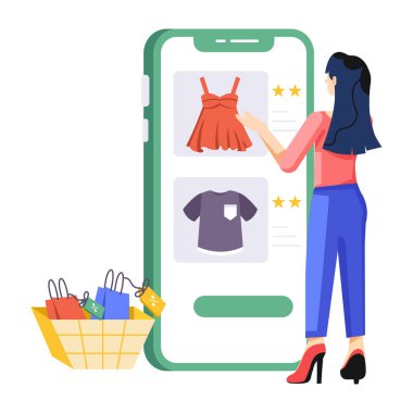 Alışveriş yapan kız el çantalarıyla yürüyor, düz çizimler yapıyor.