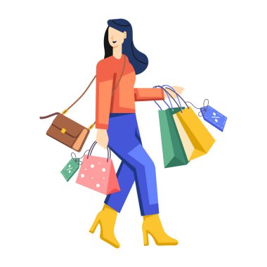 Alışveriş yapan kız el çantalarıyla yürüyor, düz çizimler yapıyor.