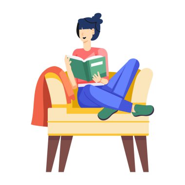 Kitap tırmanışı yapan kız, düz stil çizimi.