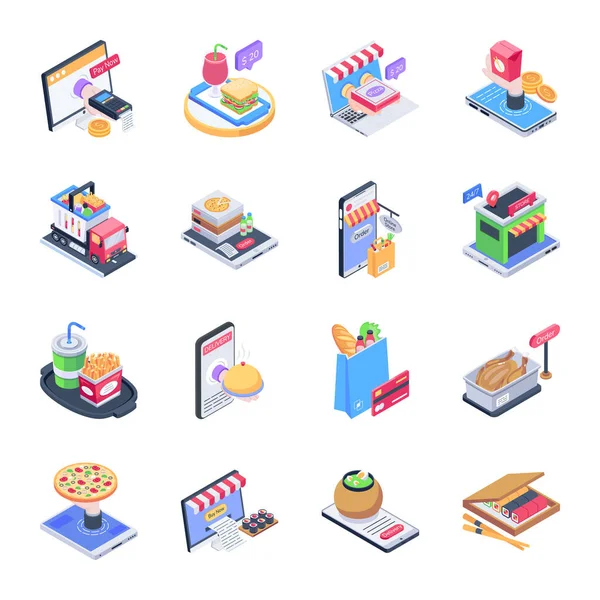 Gıda Siparişlerinin Yakışıklı Isometric Simgeleri
