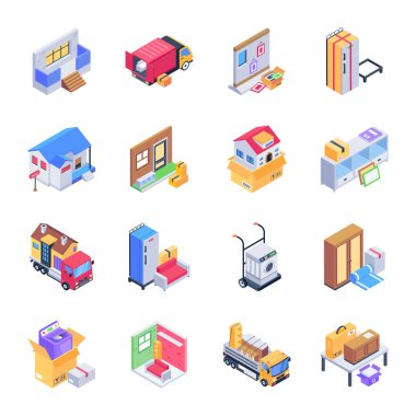 16 Taşınan Isometric Simgelerinin Seti