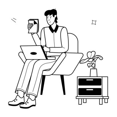 Uzak çalışma tasvir eden modaya uygun karakter simgesi