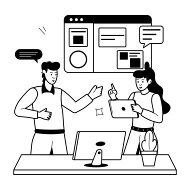 Uzak çalışma tasvir eden modaya uygun karakter simgesi