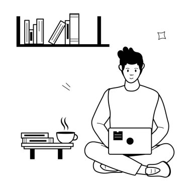 Uzak çalışma tasvir eden modaya uygun karakter simgesi