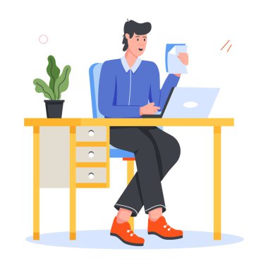 Uzaktan çalışma tasvir eden modaya uygun düz karakter simgesi