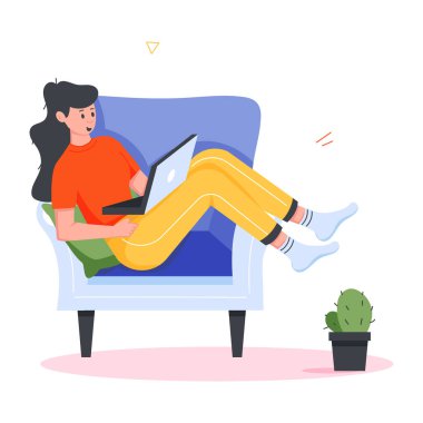 Uzaktan çalışma tasvir eden modaya uygun düz karakter simgesi