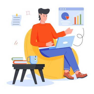 Uzaktan çalışma tasvir eden modaya uygun düz karakter simgesi