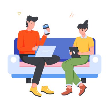 Uzaktan çalışma tasvir eden modaya uygun düz karakter simgesi