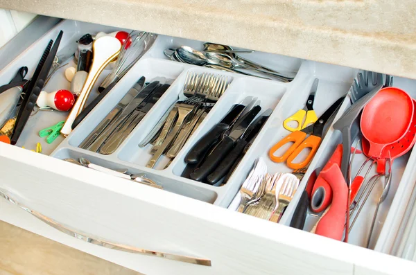 Cutlery drawer silverware compartments — Stock Photo, Image