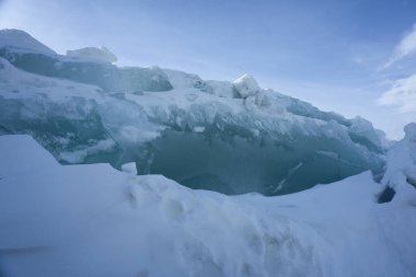 Bolshoe Gölü üzerindeki buz mırıltıları Krasnoyarsk Krai Sibirya Güneşli gün mavi gökyüzü beyaz kar mavisi buz.
