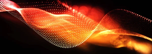 概要流れ粒子を用いたデジタル波技術 暗い背景に接続ロットとライン 美しいテクノロジー企業のコンセプト背景 — ストック写真