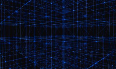 Parlak mavi arkaplanda soyut bağlantılı noktalar. Teknoloji konsepti