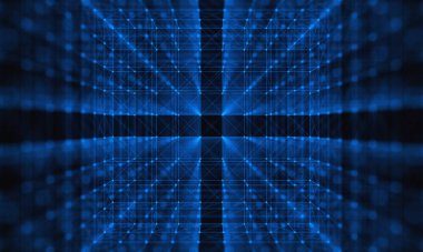 Parlak mavi arkaplanda soyut bağlantılı noktalar. Teknoloji konsepti