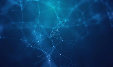 Parlak mavi arkaplanda soyut bağlantılı noktalar. Teknoloji konsepti