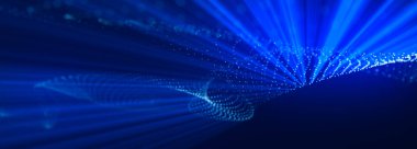 Akan parçacıkların olduğu soyut dijital dalga teknolojisi. Bağlantı alanları koyu arkaplanda. güzel teknoloji kurumsal kavram geçmişi.