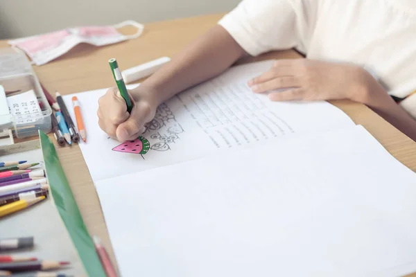 Gli Studenti Hanno Usato Matite Pastelli Dipingere Esercizi Inglese Casa — Foto Stock