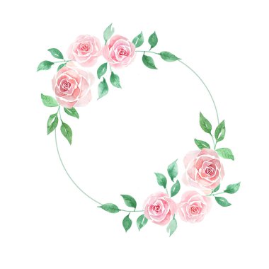 Pink rose watercolor, Circle border and frame