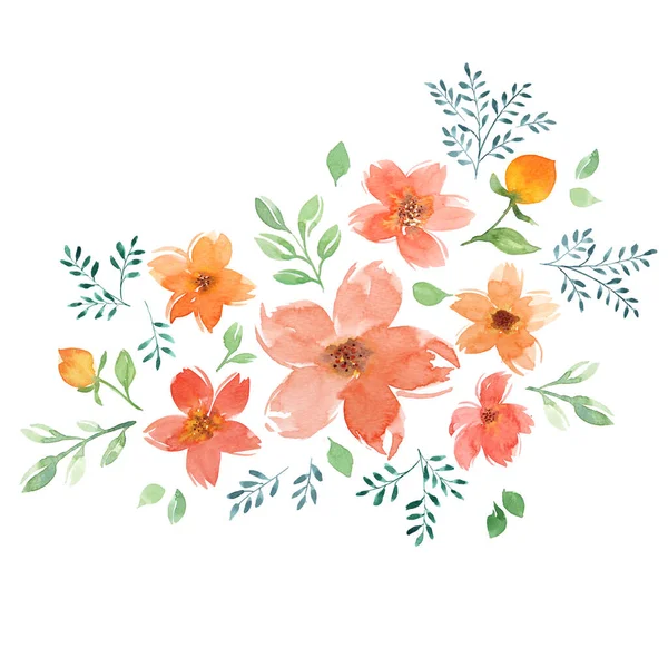 Orange Flower Leaves Bouquet Watercolor — Stock Photo, Image