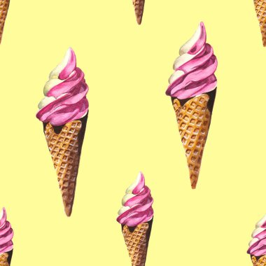 Çilekli dondurma, suluboya, pürüzsüz, sarı arka plan.