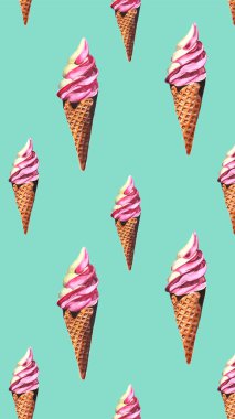 Çilekli dondurma, suluboya duvar kağıdı telefon, nane yeşili arka plan.