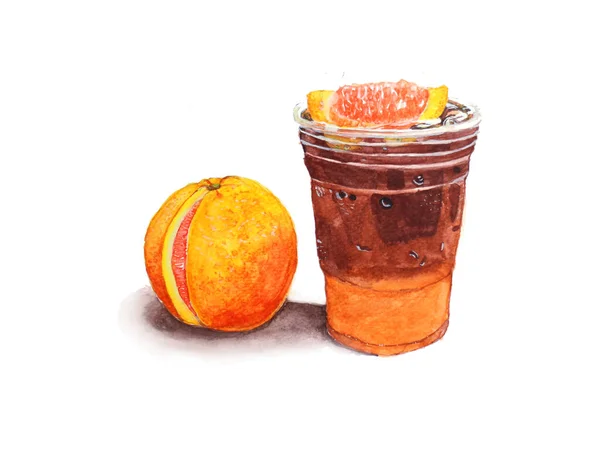Ijskoffie Sinaasappelsap Water Color — Stockfoto