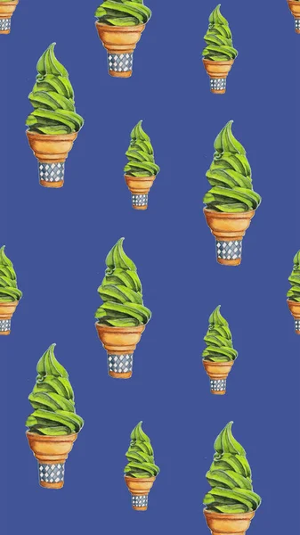 Matcha Verde Suave Servir Helado Acuarela Fondo Pantalla Fondo Azul — Foto de Stock