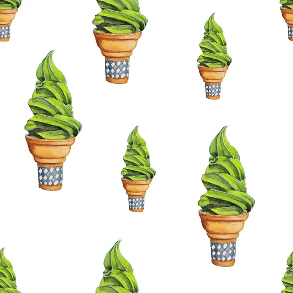 Бесшовные Зеленый Чай Мягкий Подают Мороженое Акварель Фон — стоковое фото