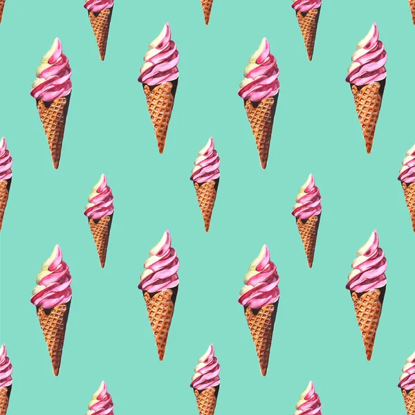 Strawberry soft serve ice cream watercolor seamless,  Mint Green background