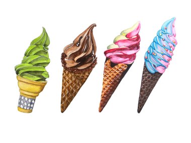 Dondurma, suluboya, yeşil çay, çikolata, çilek, gökkuşağı, vanilya
