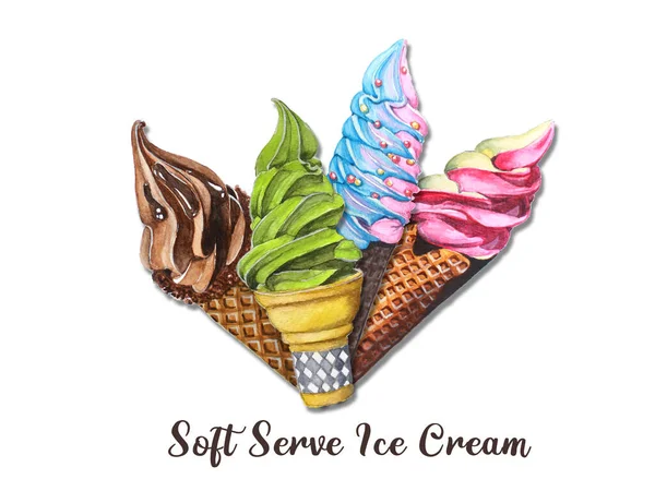 Set of Soft serve Ice cream watercolor, Green tea, Chocolate, Strawberry, Rainbow, Vanilla