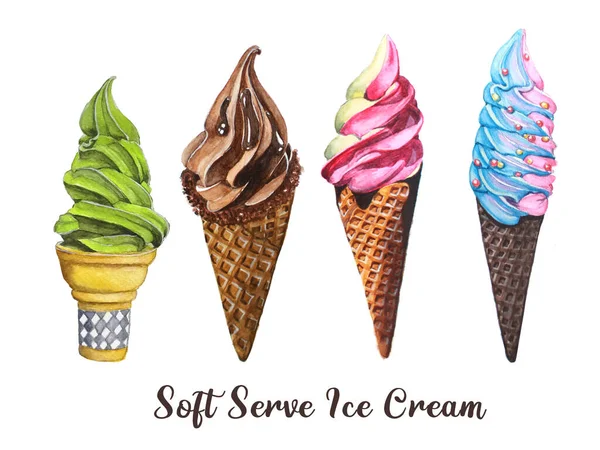 Set of Soft serve Ice cream watercolor, Green tea, Chocolate, Strawberry, Rainbow, Vanilla